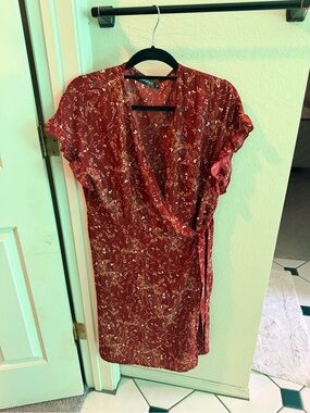 Allegra K Red Floral Wrap Midi Dress with Tie Waist